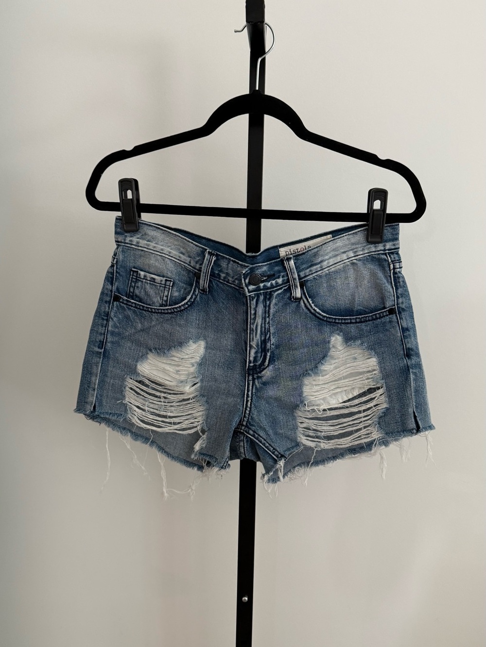 pistola Light Blue Distressed Denim Cutoff Shorts with Frayed Hem